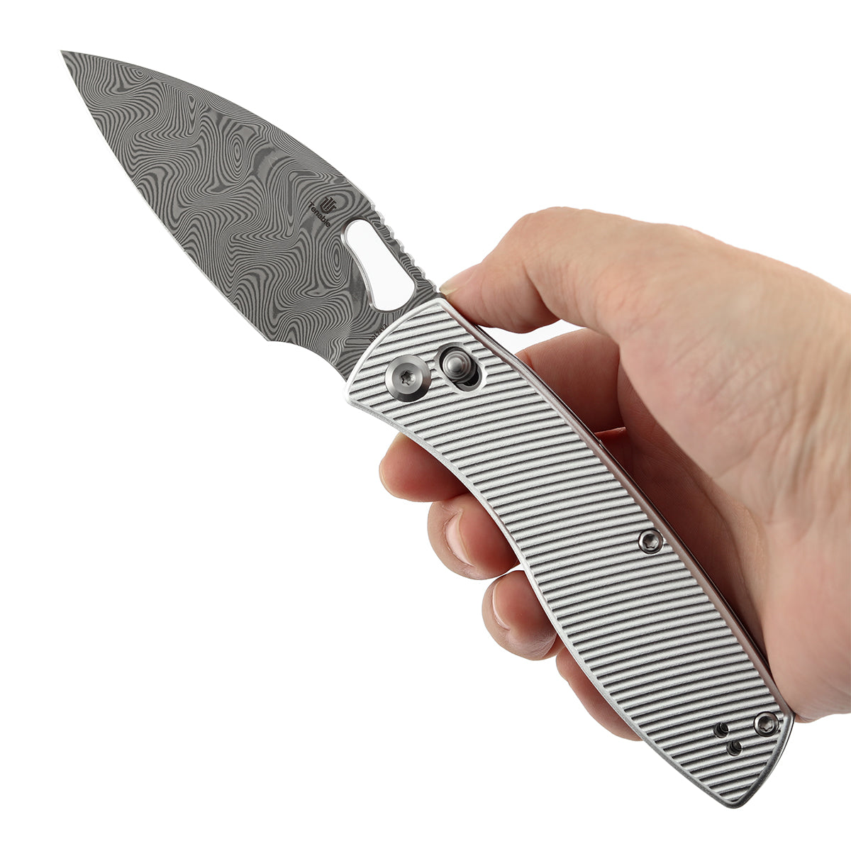 Tenable Heron B2124V3 Damascus Blade Beadblasted Aluminum Handle Crossbar Lock Folding Knife