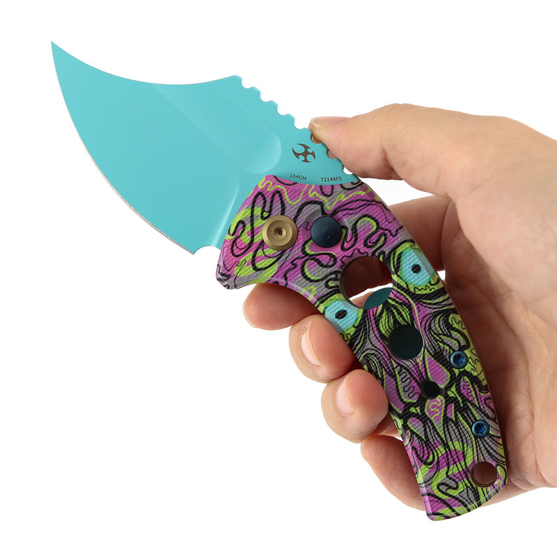 Kansept Wasp T2144F5 Light Blue Coating 154CM Blade Jade G10 Handle Button Lock Folding Knife