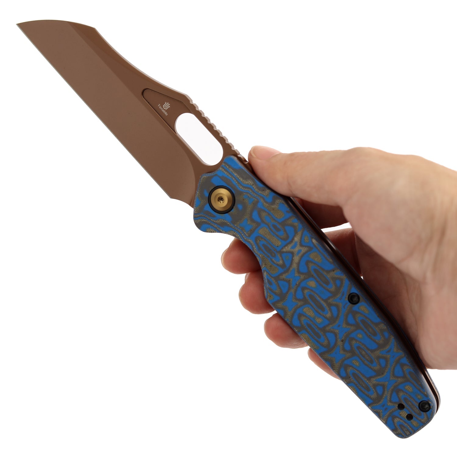 Tenable Tuckamore B1052A3 Rose Gold Nitro-V Blade Blue & Yellow Vortex Micarta Handle Liner Lock Folding Knife