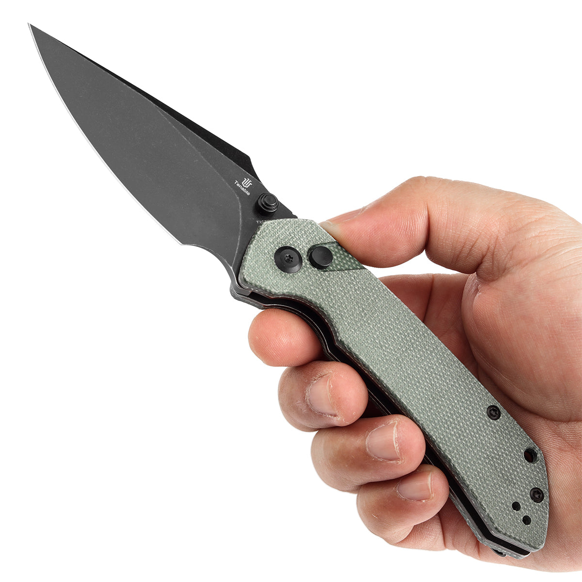 Tenable Fenrir T1034F5 Blackwashed 14C28N Blade Green Micarta Handle Button Lock Folding Knife
