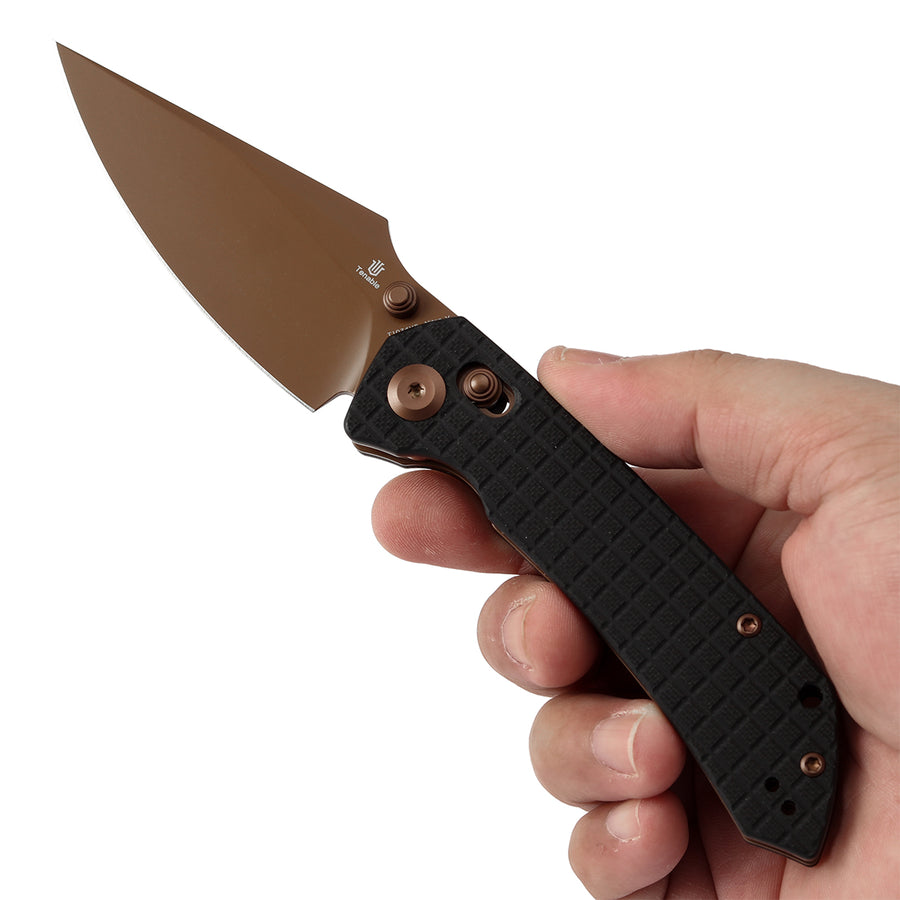 Tenable Knives Fenrir T1034V8 Rose Gold Coated Nitro-V Blade Black G10 Handle Cross Bar Lock