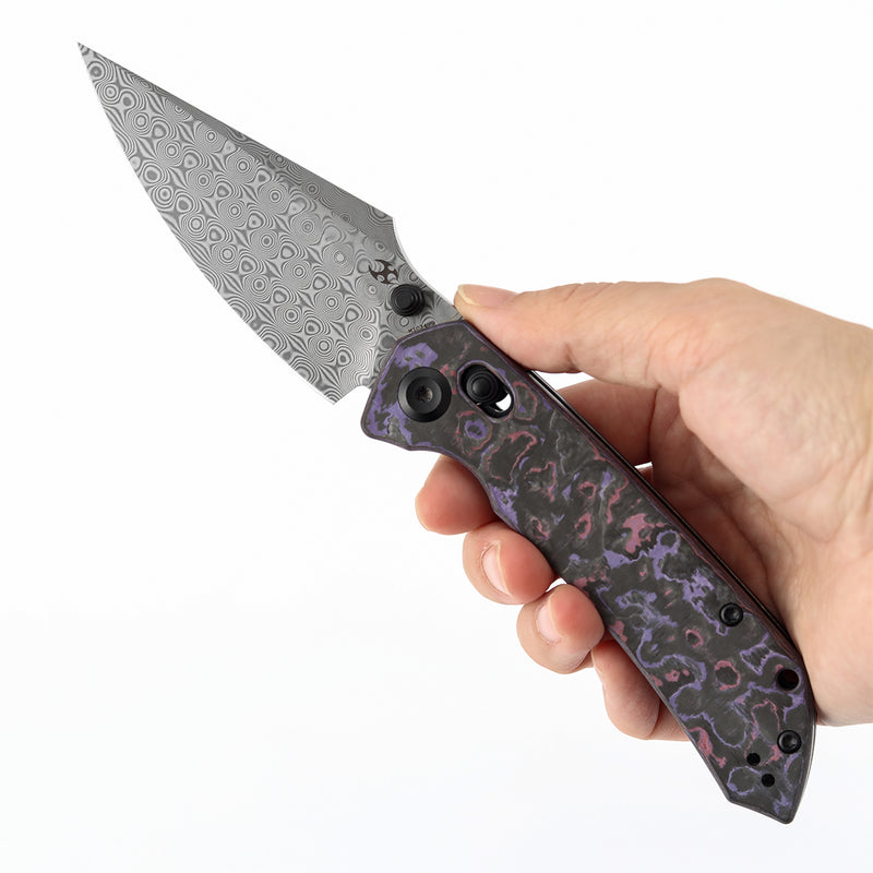 Kansept Fenrir K1034V9 Damascus Blade Purple Haze Fatcarbon Crossbar Lock Folding Knife