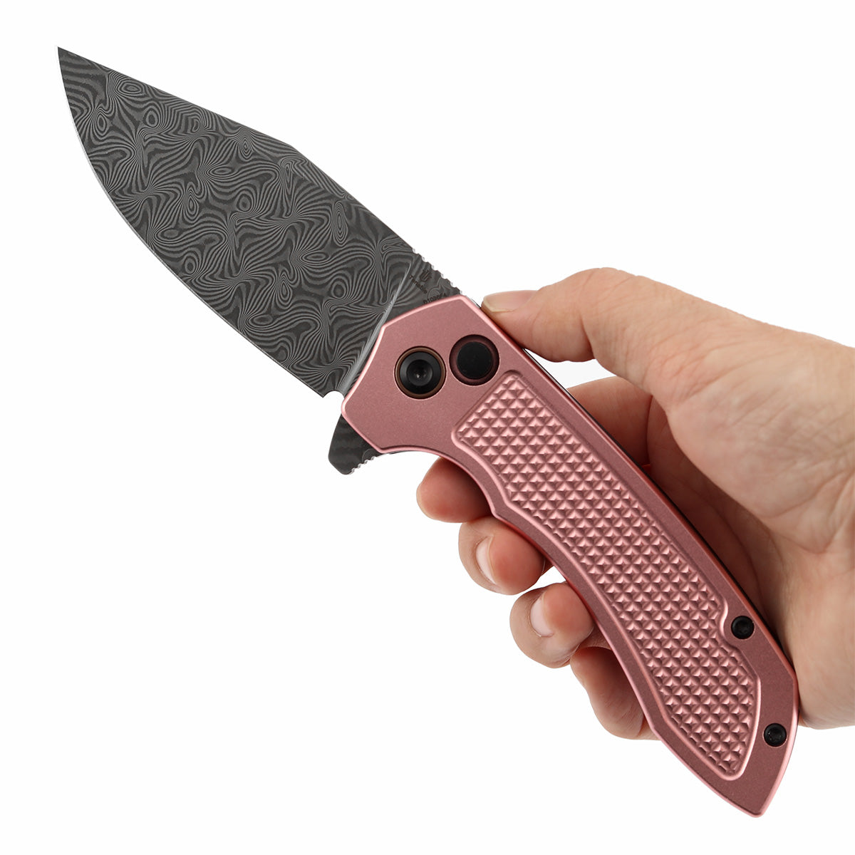 Tenable Entity B1036F4 Water Ripple Damascus Blade Rose Gold Aluminum Handdle Button Lock Folding Knife