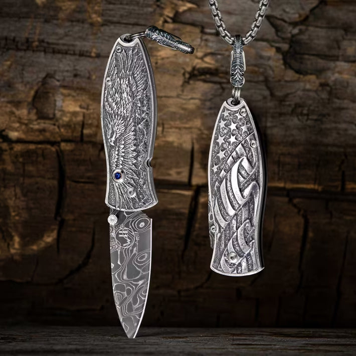 William Henry B02 FREEDOM Pendant Knife Damascus Blade Silver Handle