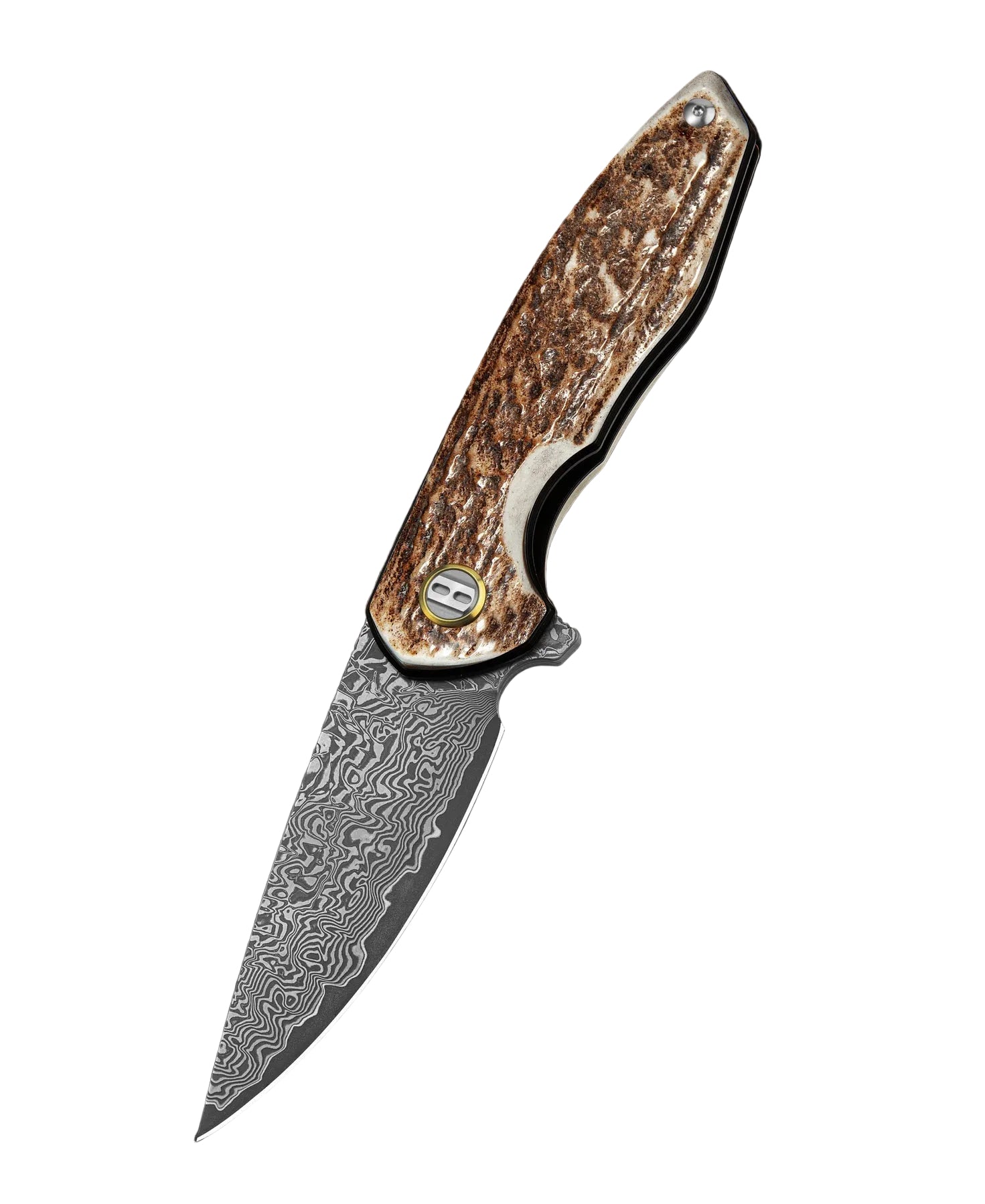 Bestech Bambi BL08G Damascus Blade Stag Horn Handle Liner Lock Folding Knife