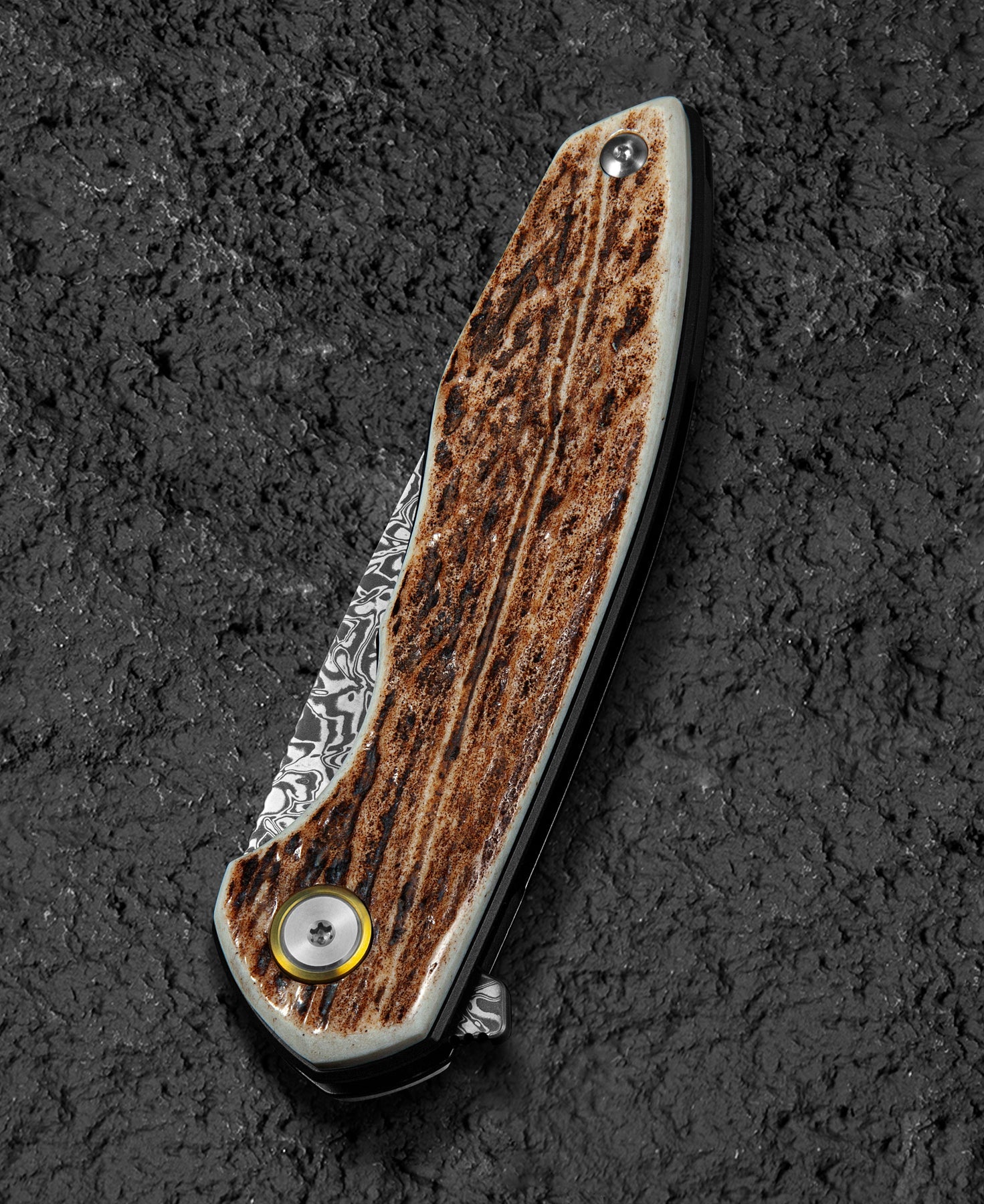 Bestech Bambi BL08G Damascus Blade Stag Horn Handle Liner Lock Folding Knife