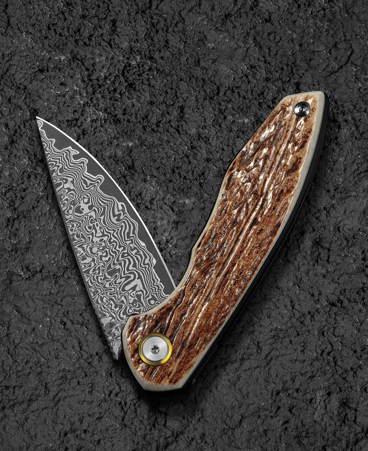 Bestech Bambi BL08G Damascus Blade Stag Horn Handle Liner Lock Folding Knife