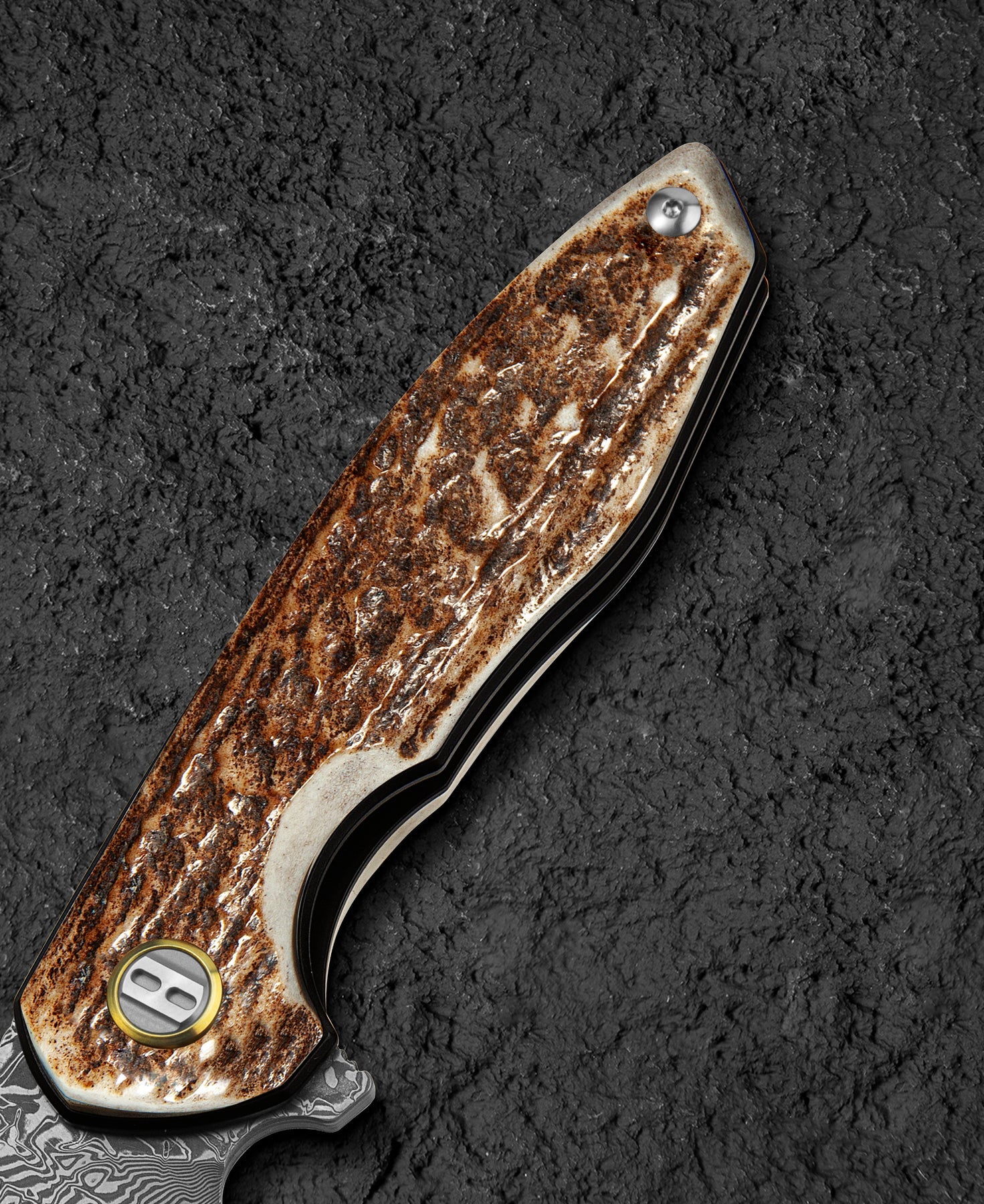 Bestech Bambi BL08G Damascus Blade Stag Horn Handle Liner Lock Folding Knife