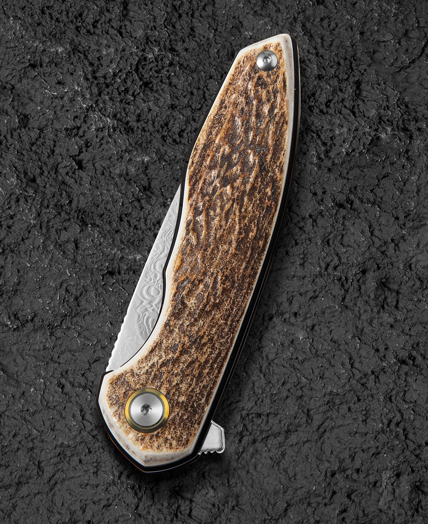 Bestech Bambi BL08H Damascus Blade Stag Horn Handle Liner Lock Folding Knife