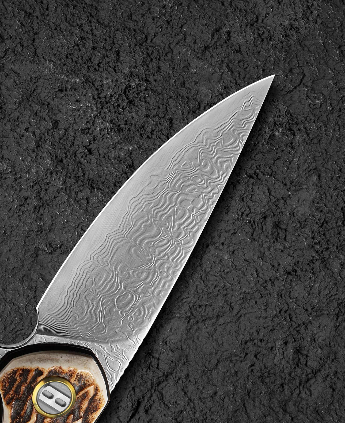 Bestech Bambi BL08H Damascus Blade Stag Horn Handle Liner Lock Folding Knife