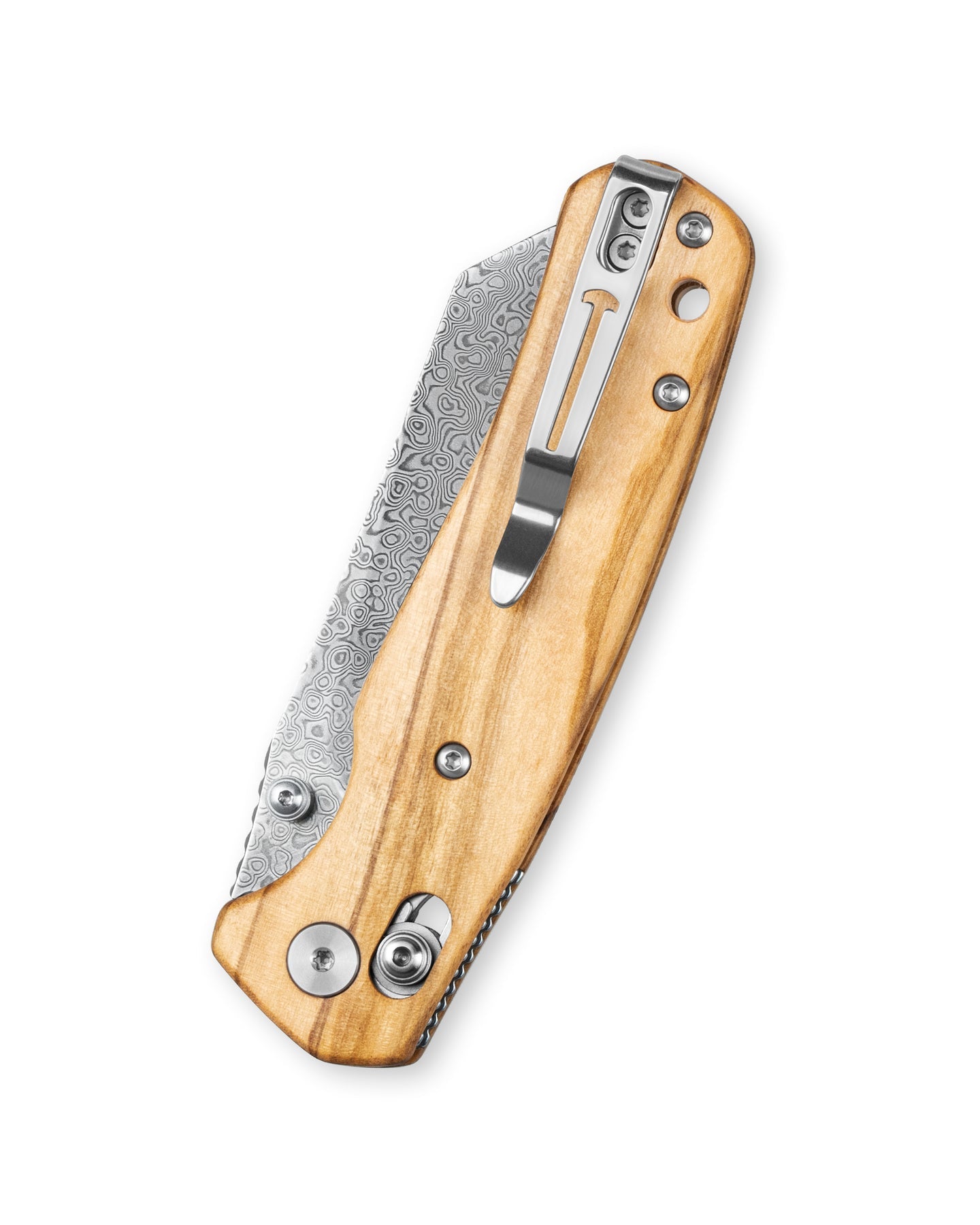 Bestechman Cicada's Wing BMK06-W-2 Damascus Blade Olive Wood Handle Crossbar Lock Folding Knife