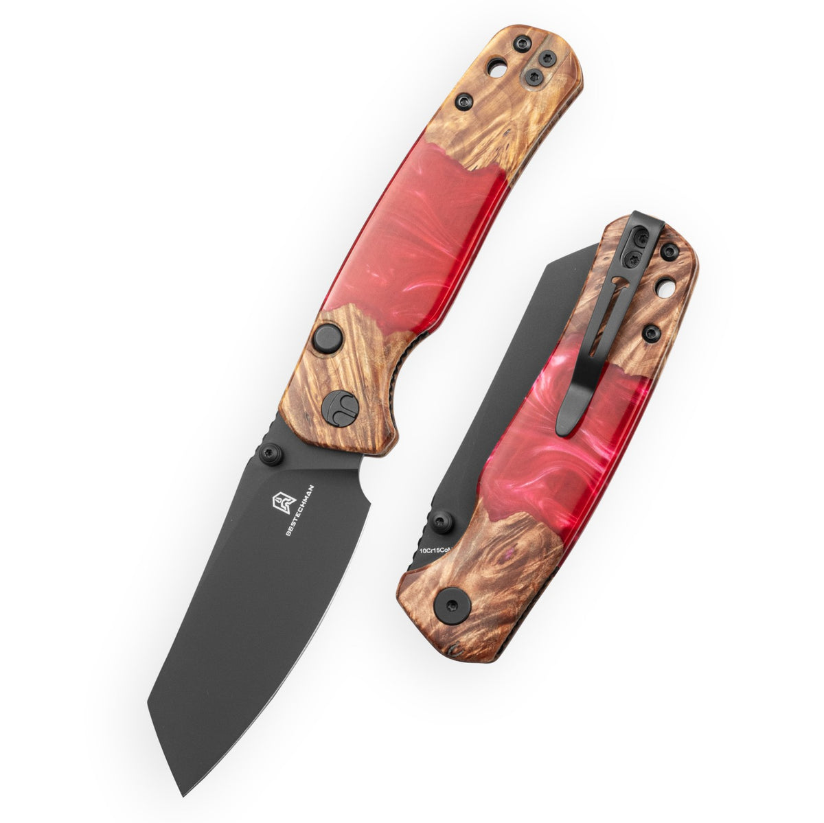 Bestechman Cicada's Wing-TL BMK24-W-1 10Cr15CoMoV Blade Wood and Red Resin Handle Top Liner Lock Folding Knife