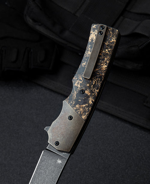 Bestech Spanish Tip Razor BT2101C M390 Blade Titanium+Carbon Fiber With Copper Foil Handle Frame Lock Folding Knife