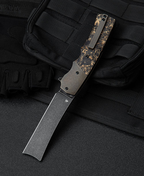 Bestech Spanish Tip Razor BT2101C M390 Blade Titanium+Carbon Fiber With Copper Foil Handle Frame Lock Folding Knife