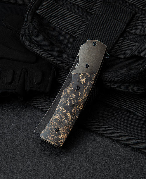 Bestech Spanish Tip Razor BT2101C M390 Blade Titanium+Carbon Fiber With Copper Foil Handle Frame Lock Folding Knife