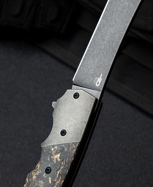 Bestech Spanish Tip Razor BT2101C M390 Blade Titanium+Carbon Fiber With Copper Foil Handle Frame Lock Folding Knife