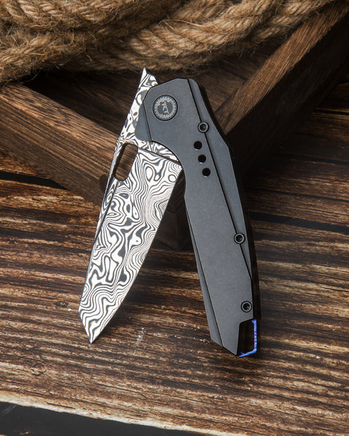 Bestech Nyxie BT2209E Damascus Blade Black Titanium Handle Frame Lock Folding Knife