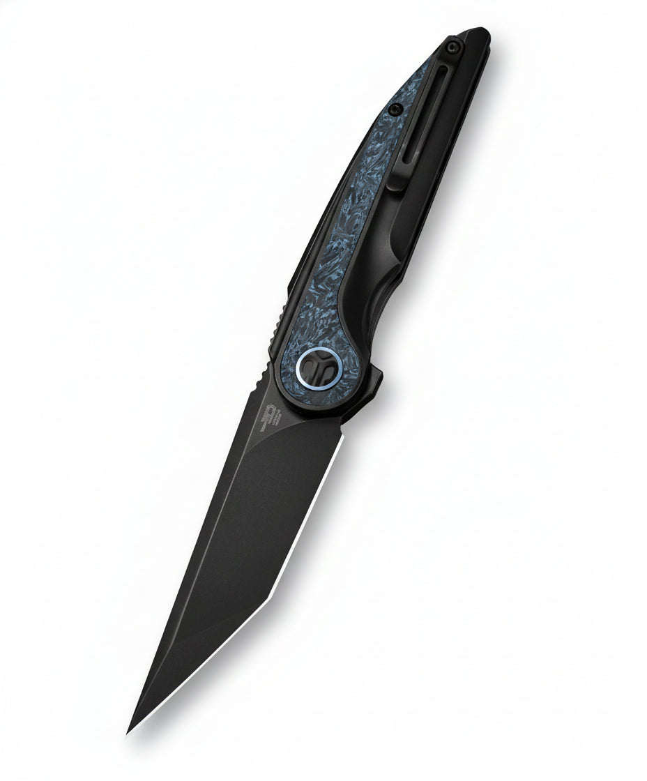 Bestech Blind Fury BT2303D M390 Blade Titanium and Sky Blue Marble Handle Frame Lock Folding Knife