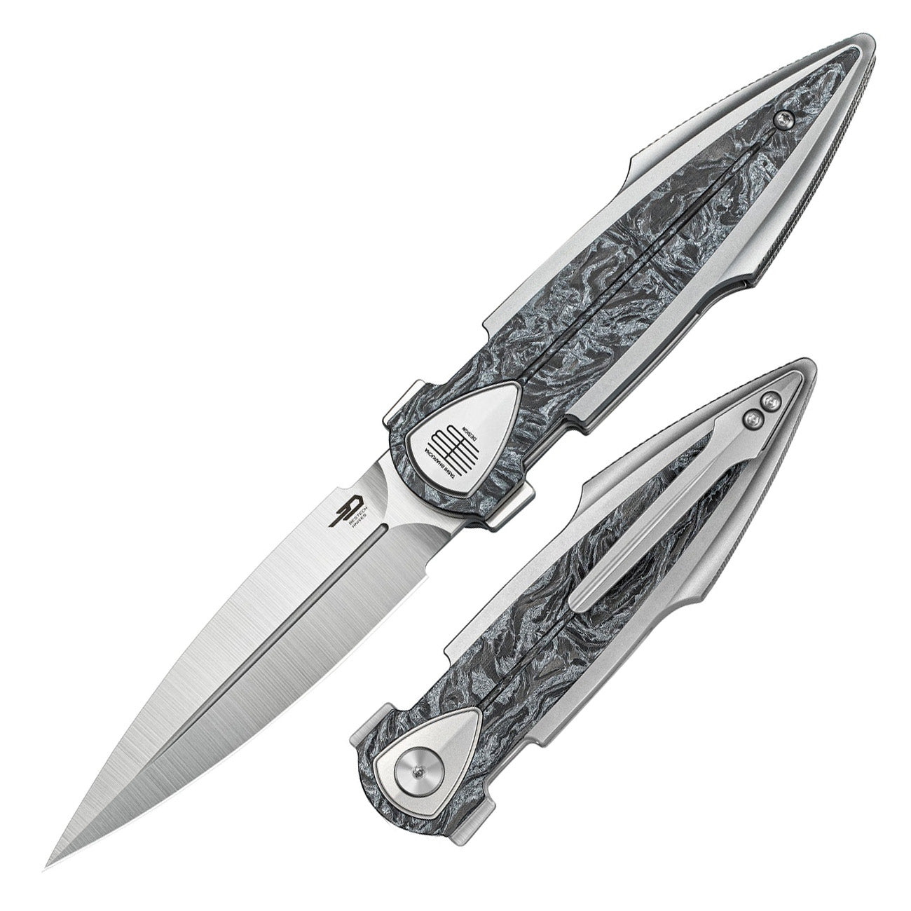 Bestech IKA DAGGER BT2602A M390 Blade Titanium + Silver Marble Carbon Fiber Inlays Handle Liner Lock Folding Knife
