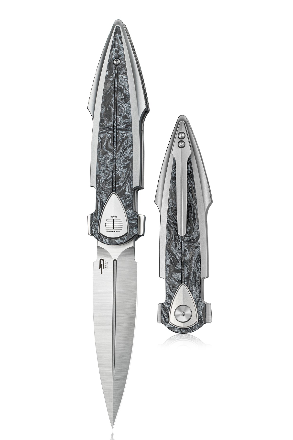 Bestech IKA DAGGER BT2602A M390 Blade Titanium + Silver Marble Carbon Fiber Inlays Handle Liner Lock Folding Knife