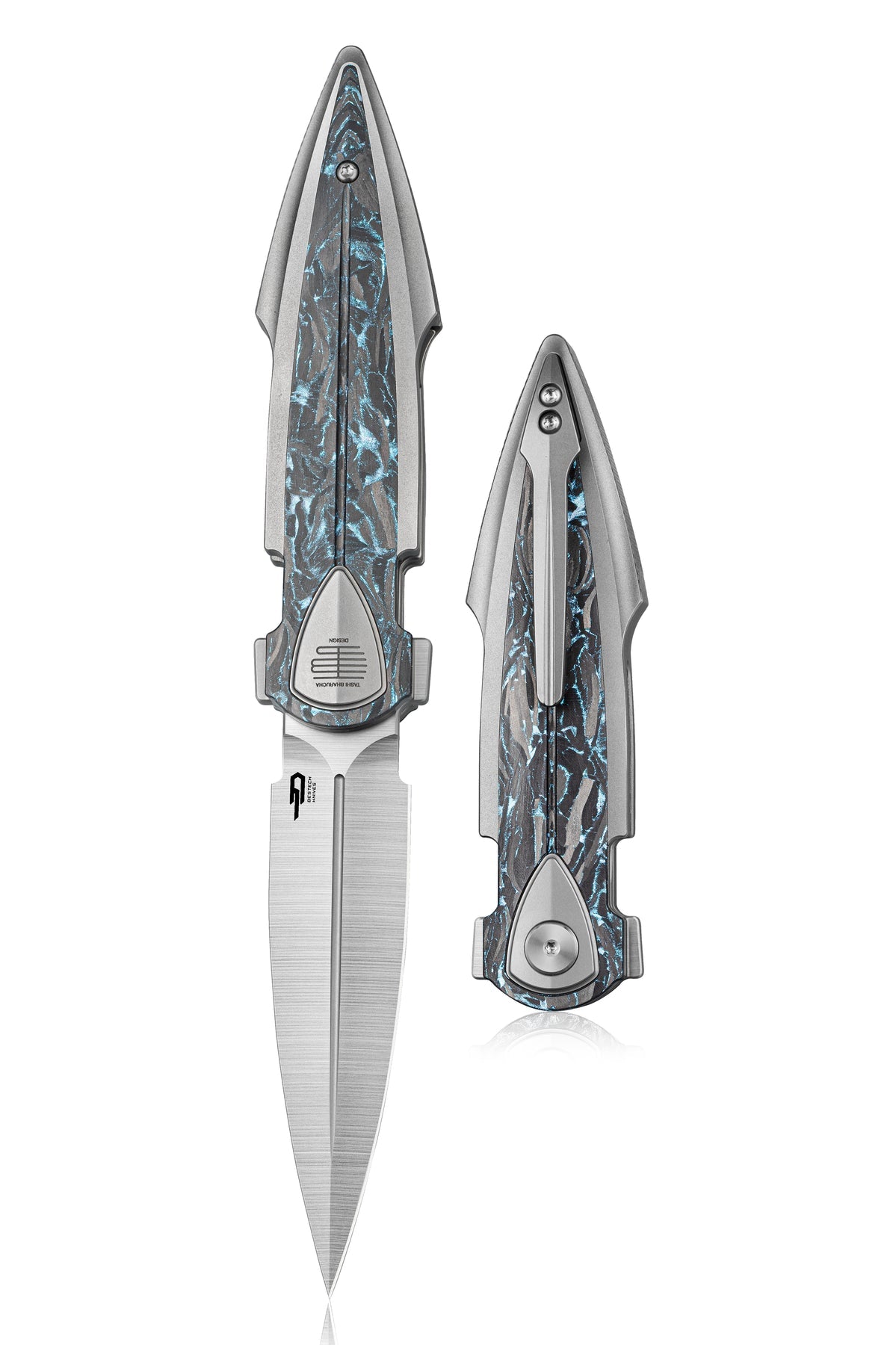 Bestech IKA DAGGER BT2602B M390 Blade Titanium + Blue Marble Carbon Fiber Inlays Handle Liner Lock Folding Knife