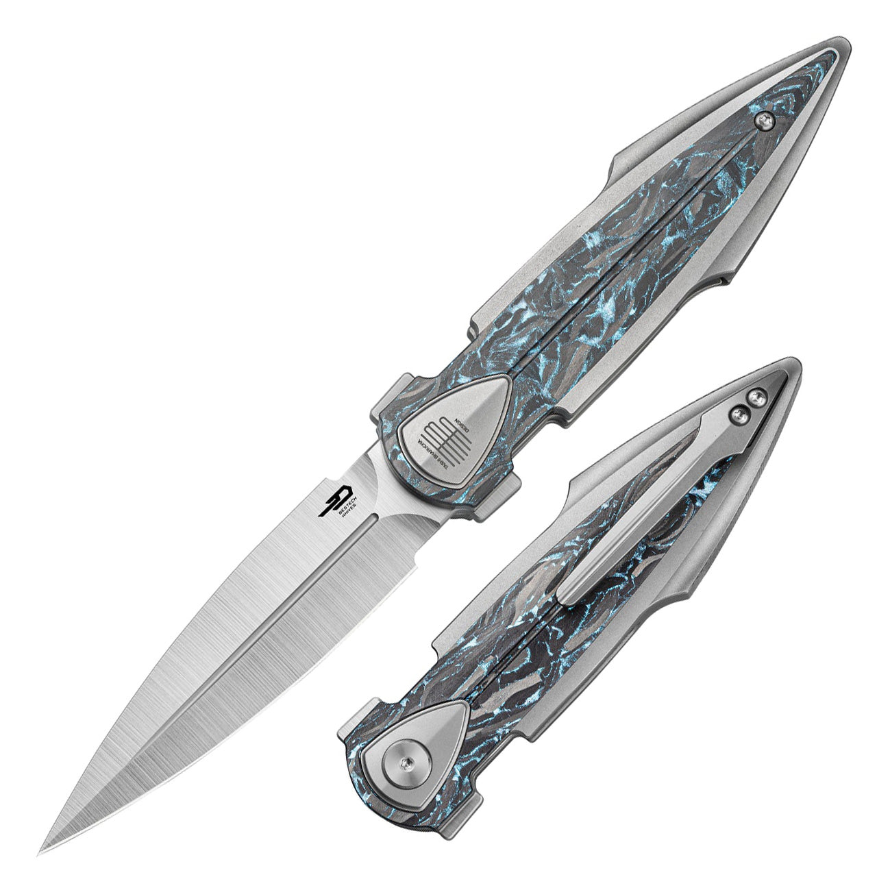 Bestech IKA DAGGER BT2602B M390 Blade Titanium + Blue Marble Carbon Fiber Inlays Handle Liner Lock Folding Knife