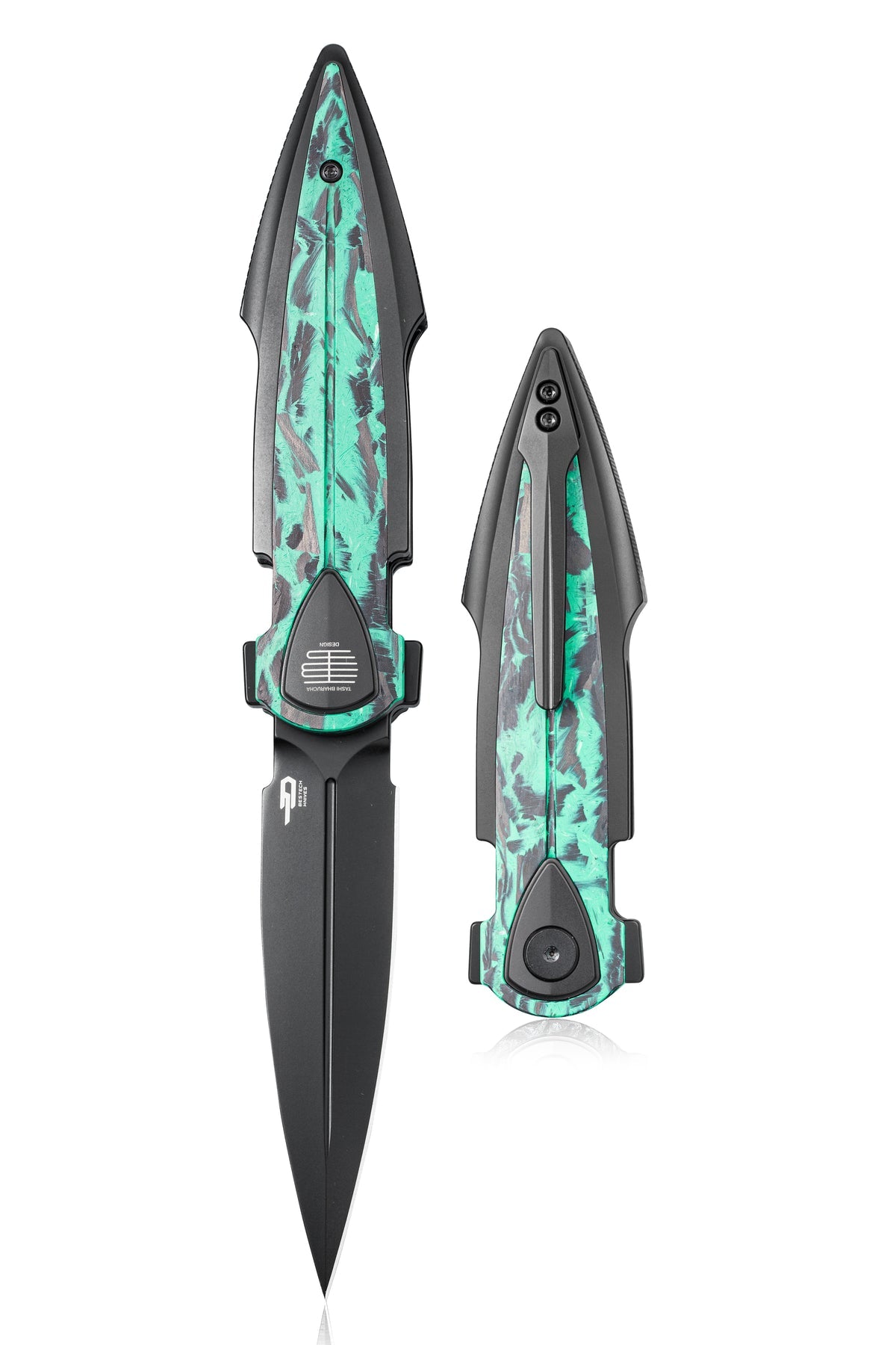 Bestech IKA DAGGER BT2602D M390 Blade Titanium + GID Marble Carbon Fiber Inlays Handle Liner Lock Folding Knife