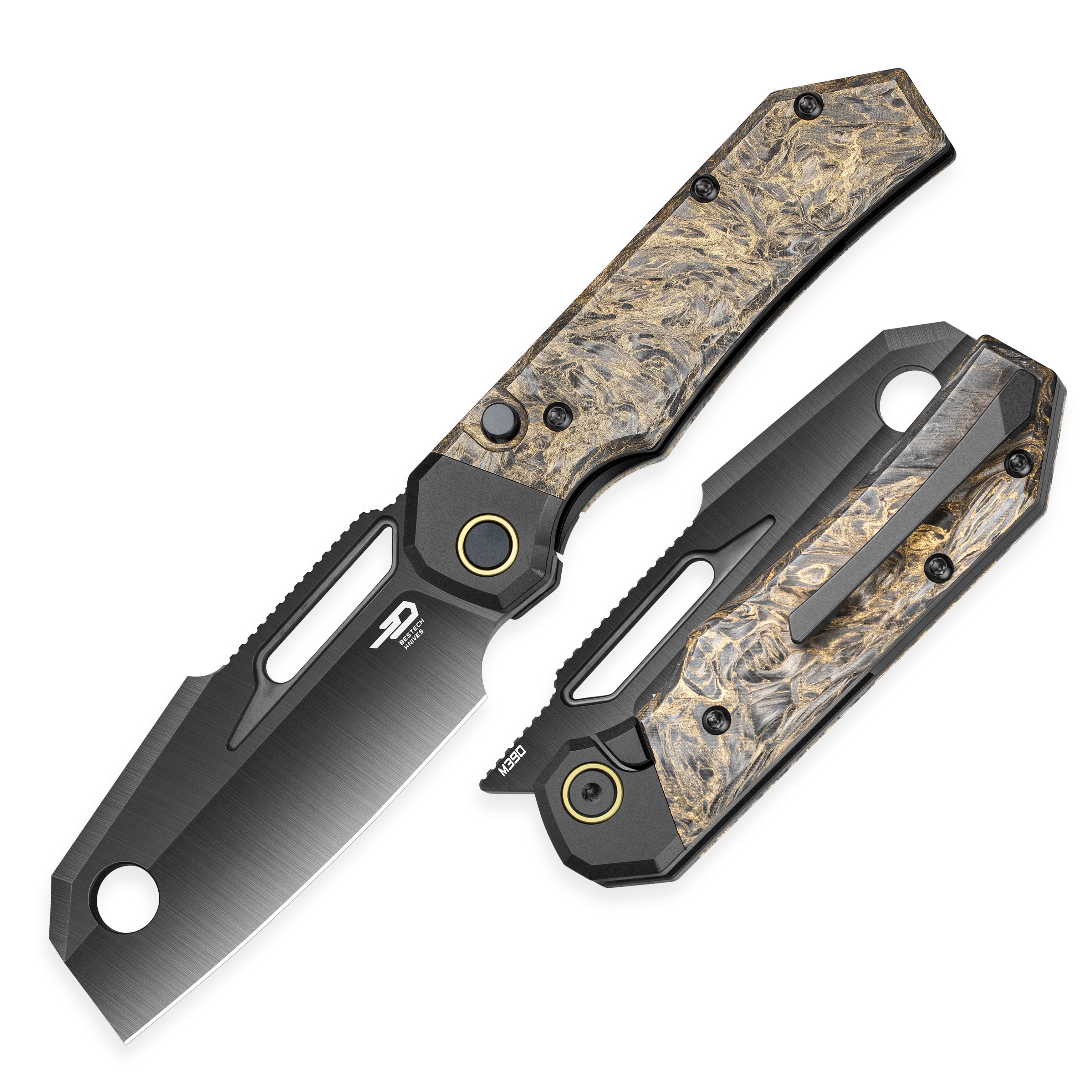Bestech Nyrrdreki BT2607D M390 Blade Titanium + Carbon Fiber Handle Button Frame Lock Folding Knife