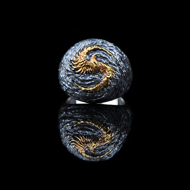 DYQ JEWELRY Phoenix Man Ring Silver inlay 24K Gold Custom Design