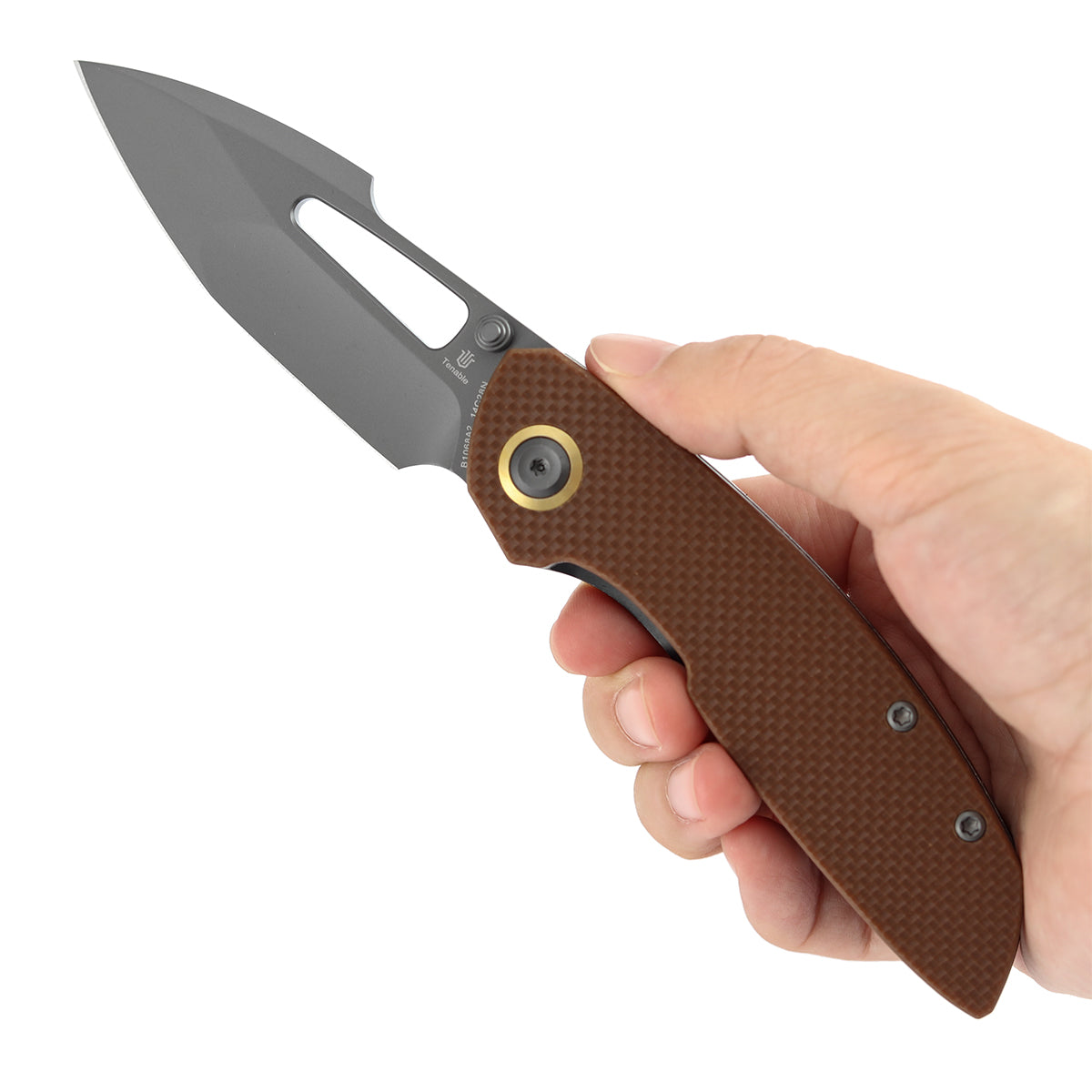 Tenable Link B1068A2 Gray TiCn Coated 14C28N Blade Brown G10 Handle Liner Lock Folding Knife