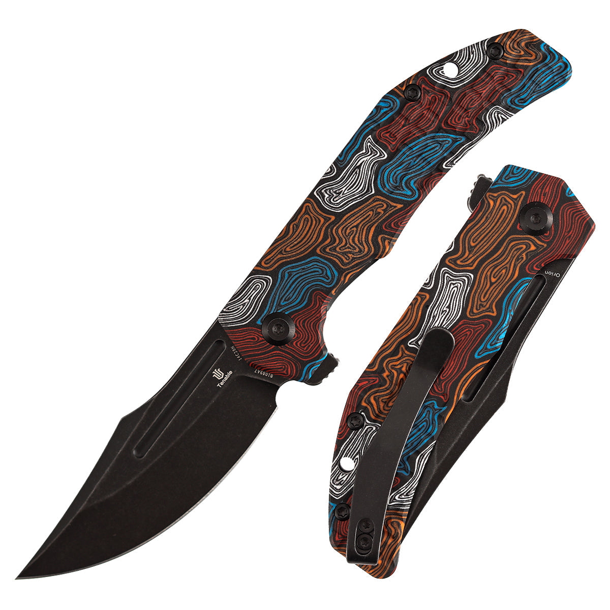 Tenable Orion B1089A7 Blackwashed 14C28N Blade Multi-color Topo G-mascus Handle Liner Lock Folding Knife