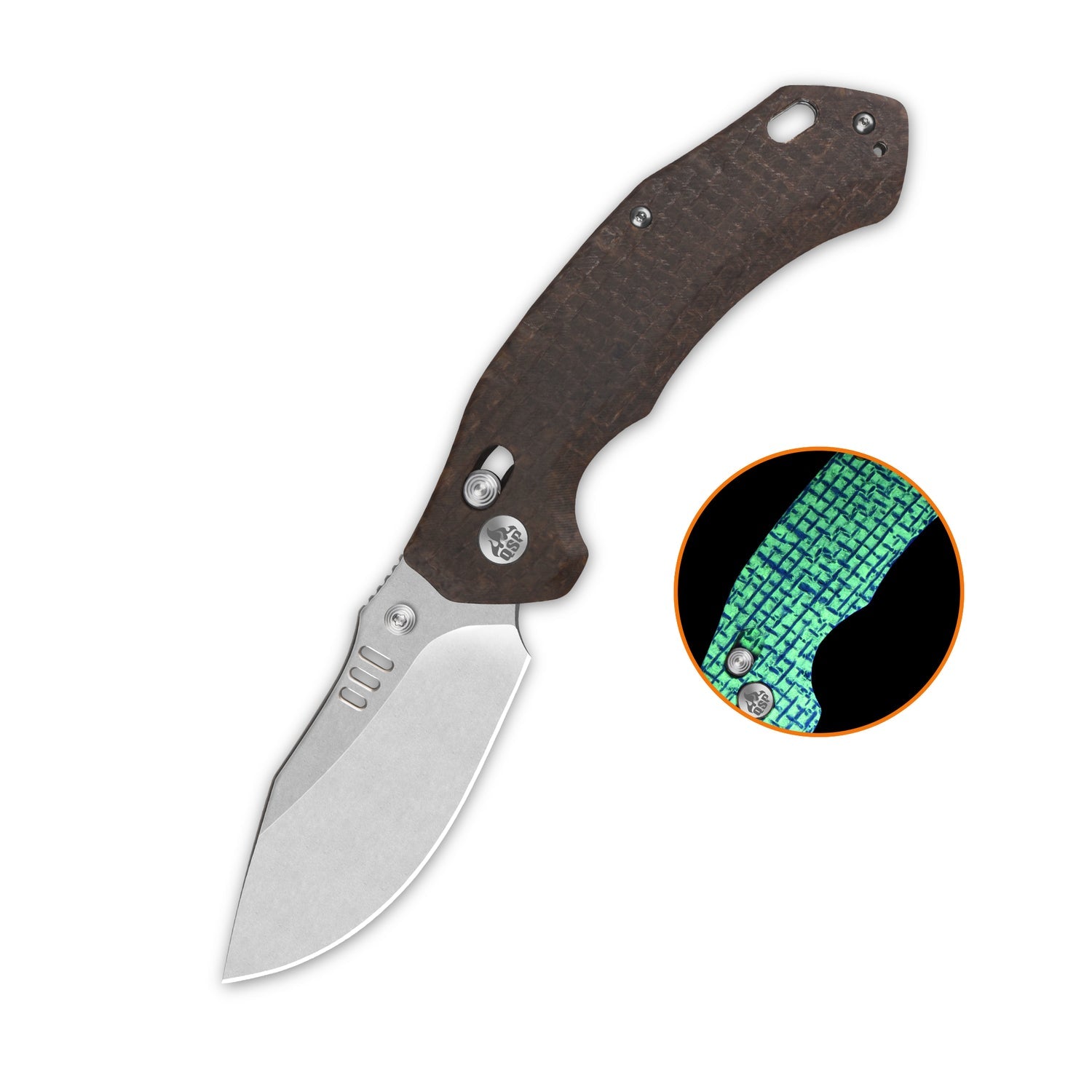 QSP Elk QS173-A1 Stonewashed 14C28N Blade Glow-in-the-Dark Micarta Handle Glyde Lock Folding Knife