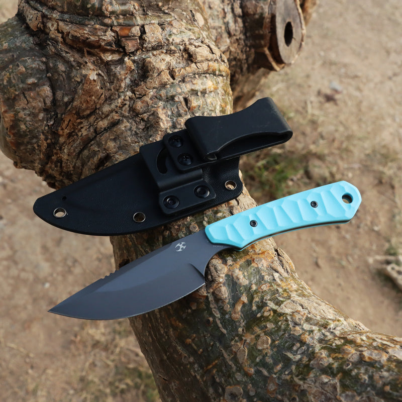 Cuchillo de hoja fija Kansept Flank G006A6 D2 con mango G10 azul cielo
