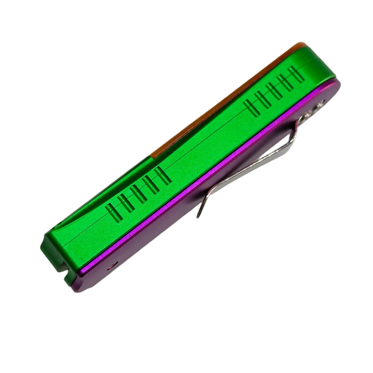 Sao Squid OTF handle detail — green-to-purple anodized finish and bone inlay accent on closed pocket knife.
