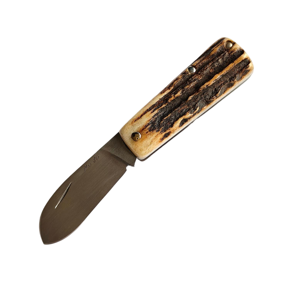 Half-open view of the Sao Knife Elephant slip joint showing the brushed CPM-20CV blade, nail nick and stag antler handle