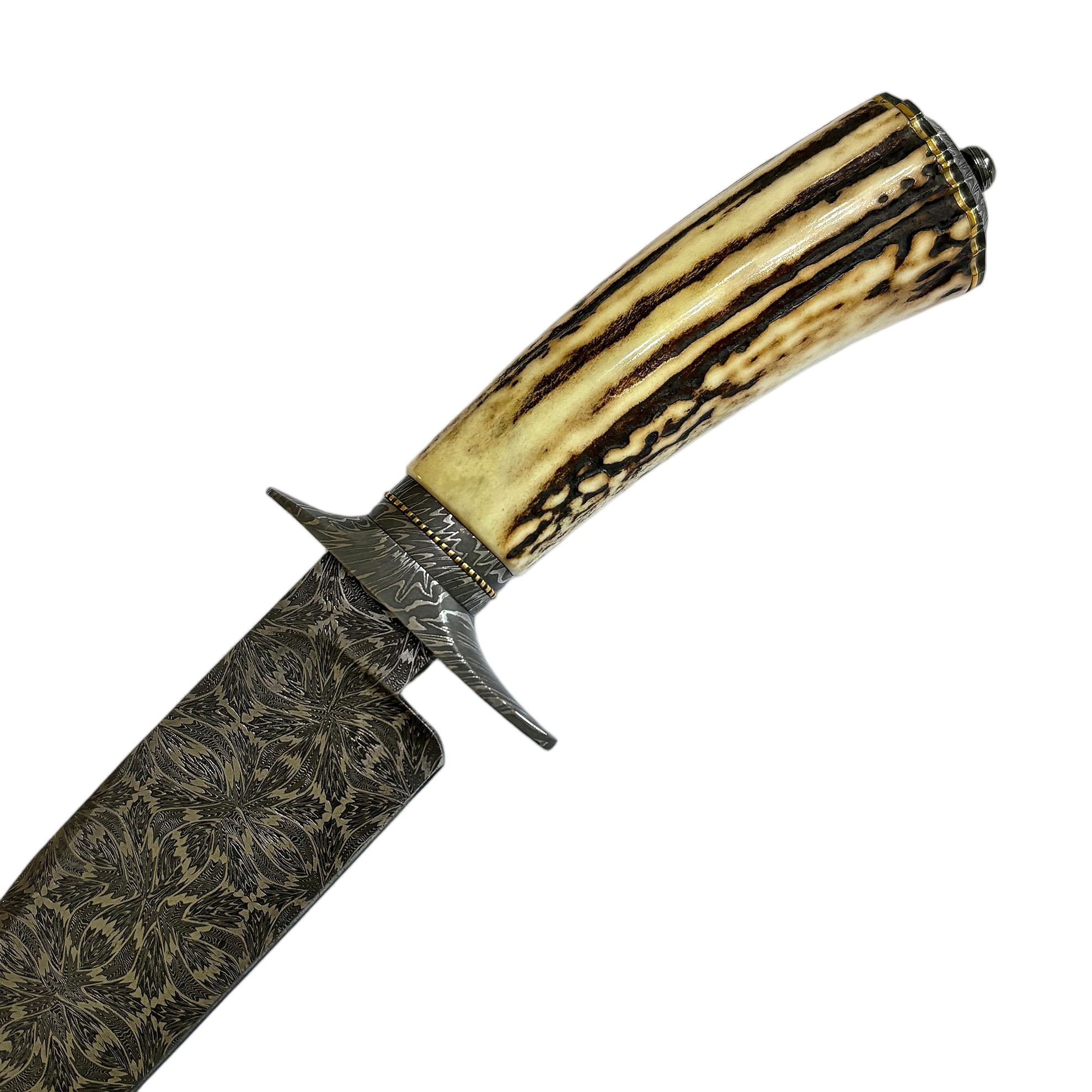 Jimmy Yang Handcrafted Custom Bowie Knife with Damascus Steel and Water Deer Antler Art in Blades