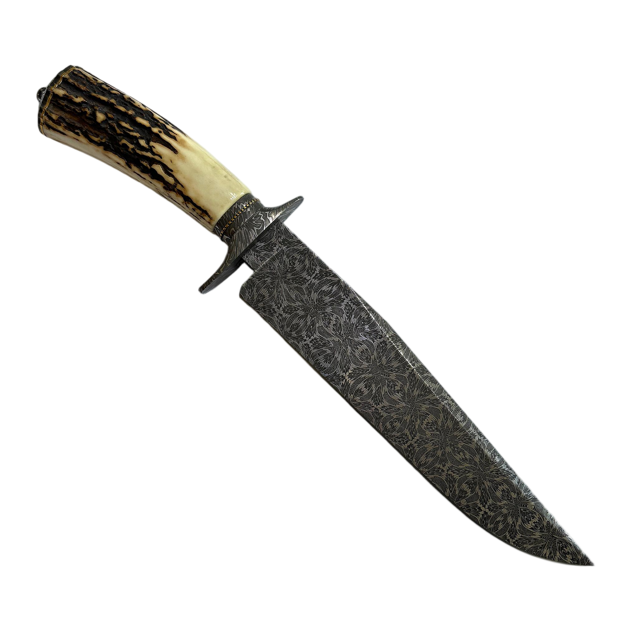 Jimmy Yang Handcrafted Custom Bowie Knife with Damascus Steel and Water Deer Antler Art in Blades