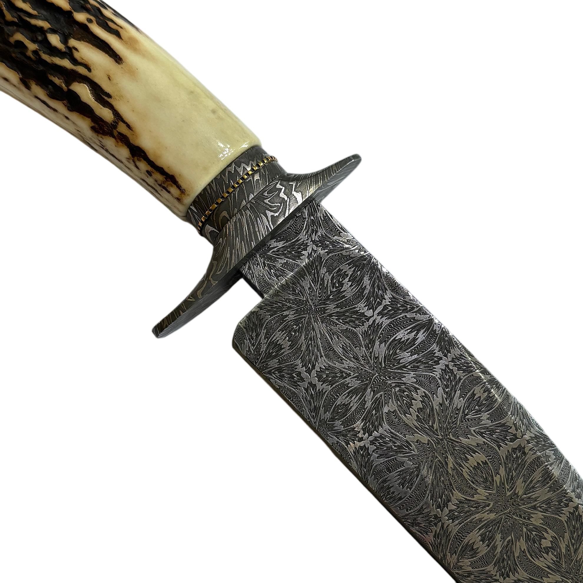 Jimmy Yang Handcrafted Custom Bowie Knife with Damascus Steel and Water Deer Antler Art in Blades