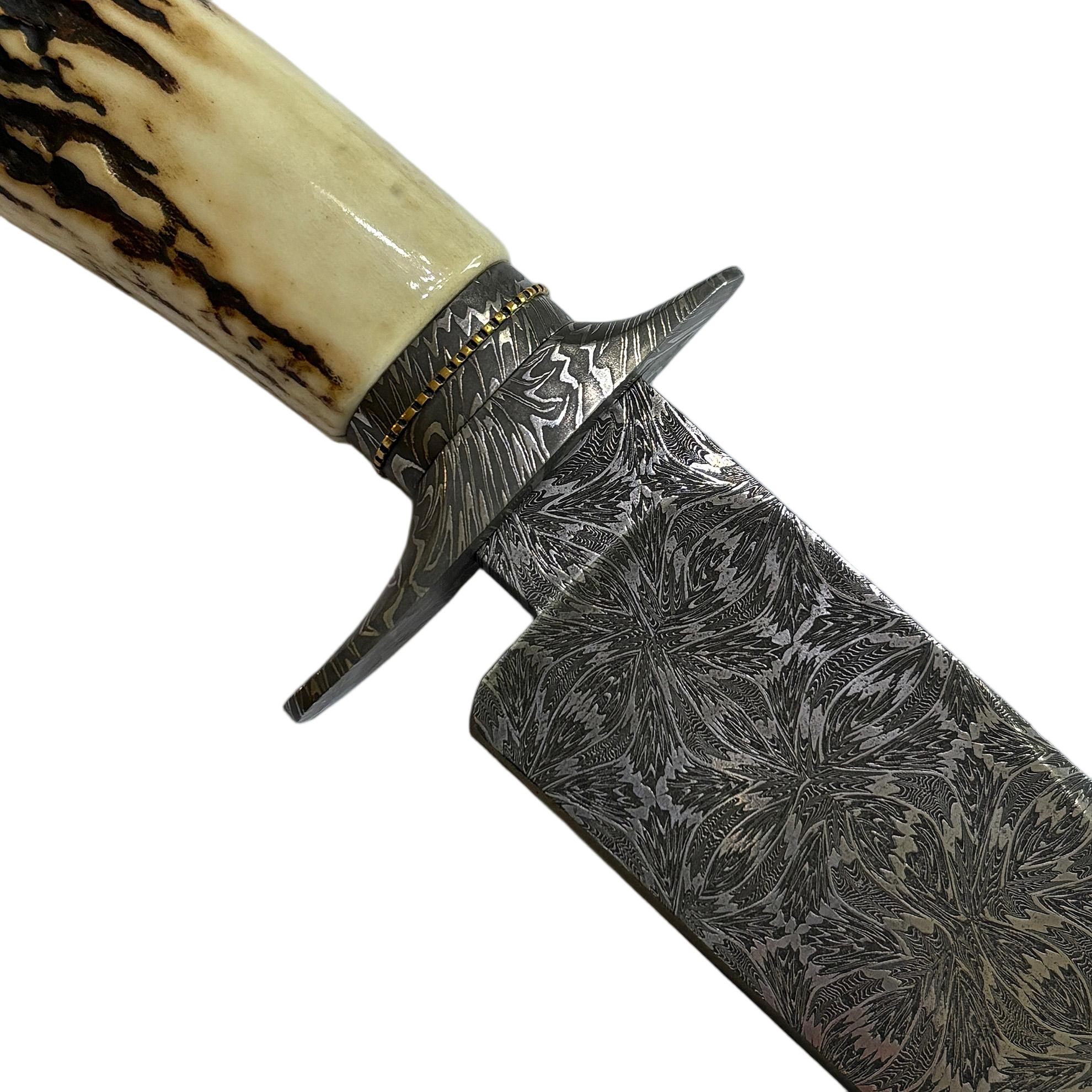 Jimmy Yang Handcrafted Custom Bowie Knife with Damascus Steel and Water Deer Antler Art in Blades