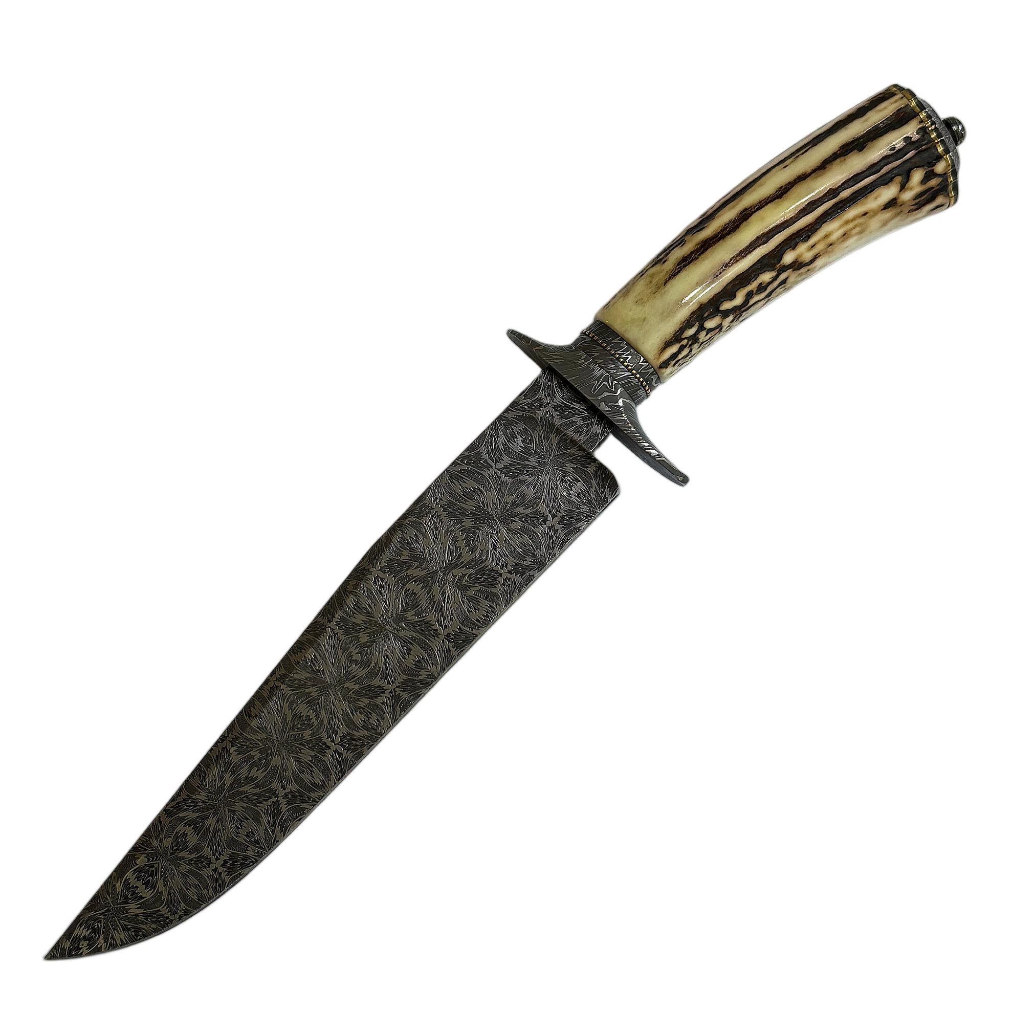 Jimmy Yang Handcrafted Custom Bowie Knife with Damascus Steel and Water Deer Antler Art in Blades