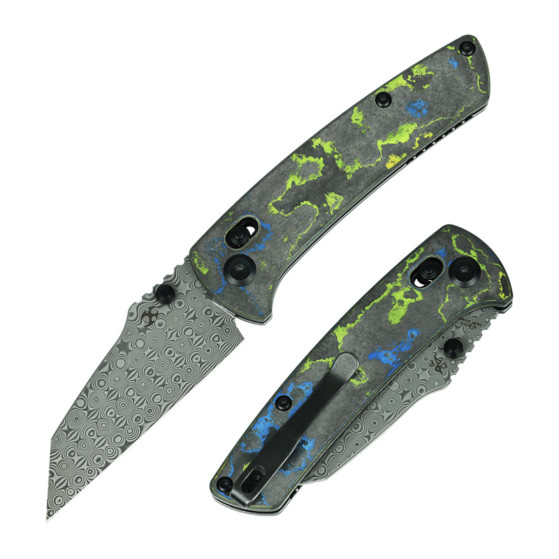 Kansept Main Street K1015V5 Damascus Blade Gecko Camo Carbon Handle Crossbar Lock Folding Knife