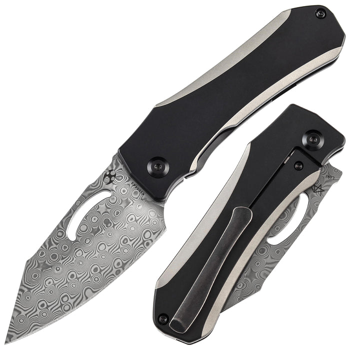 Kansept Loki K1058A3 Flipper Knife Damascus Blade Titanium Handle Thumb Hole Knife