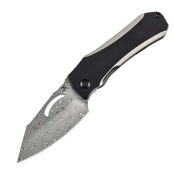 Kansept Loki K1058A3 Flipper Knife Damascus Blade Titanium Handle Thumb Hole Knife