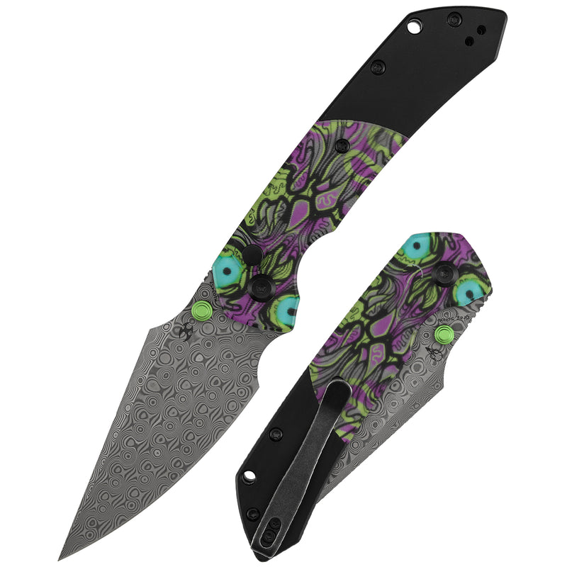 Kansept Fenrir K1034S7 Damascus Blade PC Handle Button Lock Folding Knife