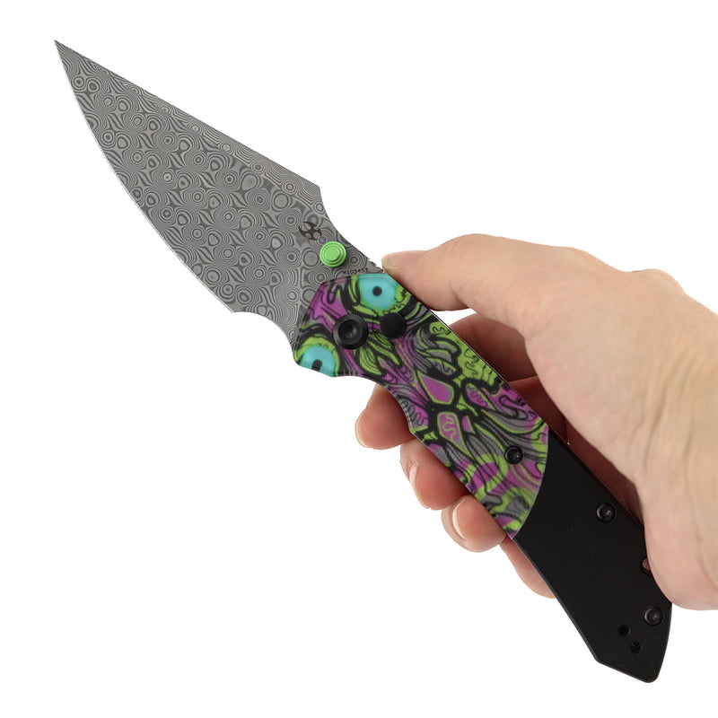 Kansept Fenrir K1034S7 Damascus Blade PC Handle Button Lock Folding Knife