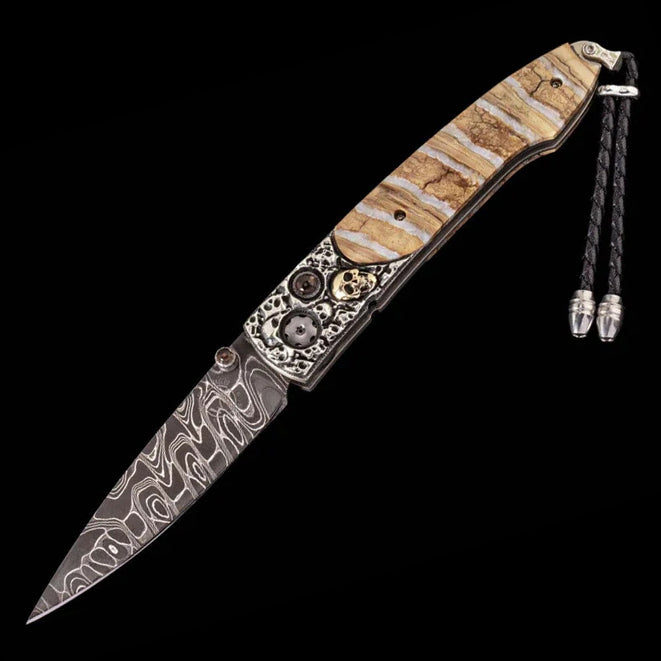 William Henry B10 CORSAIR Damascus Blade Silver Handle Pocket Knife Button Lock Knives