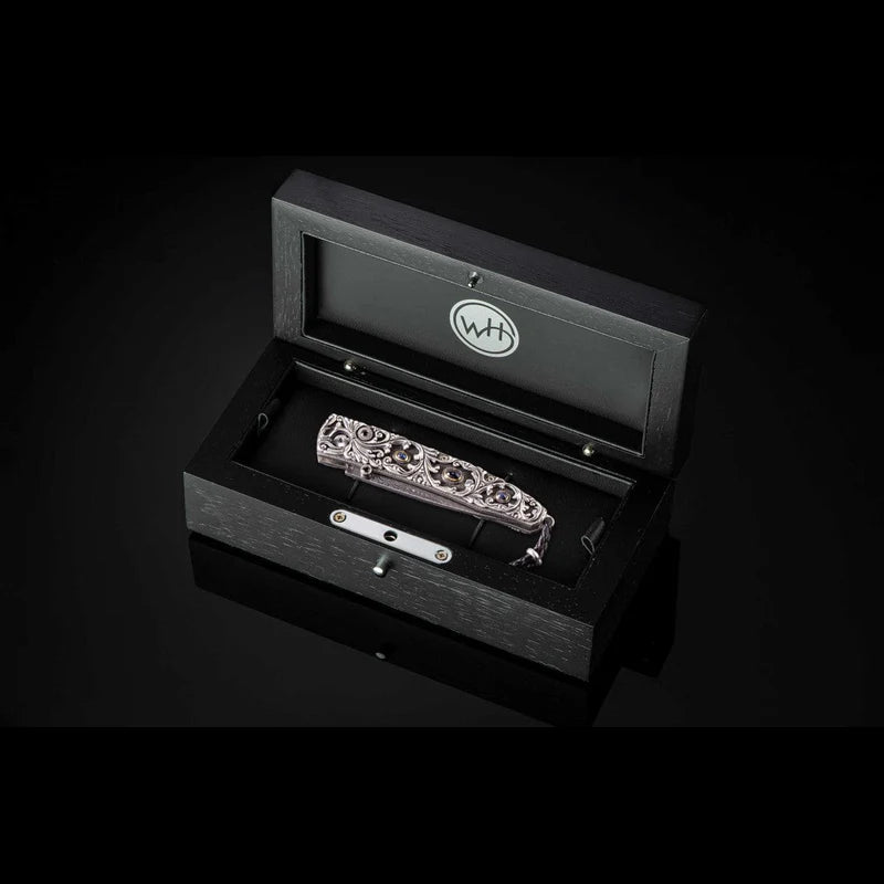 William Henry B10 RADIANT Damascus Blade Silver Handle Pocket Knife Button Lock