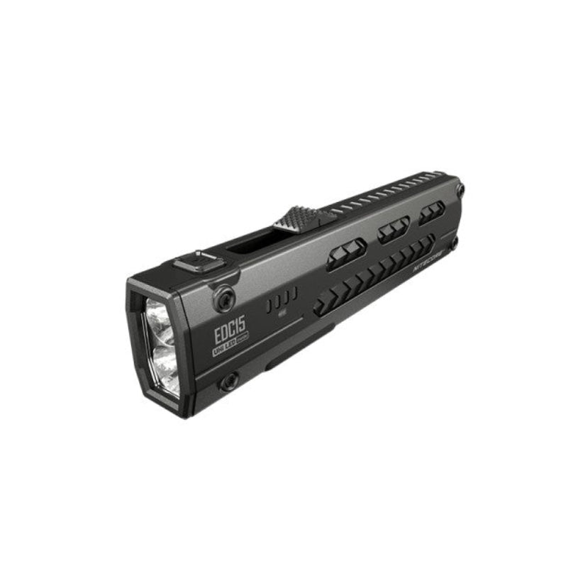 Front view of the Nitecore EDC15 flat EDC flashlight lens emitting its focused Turbo white beam