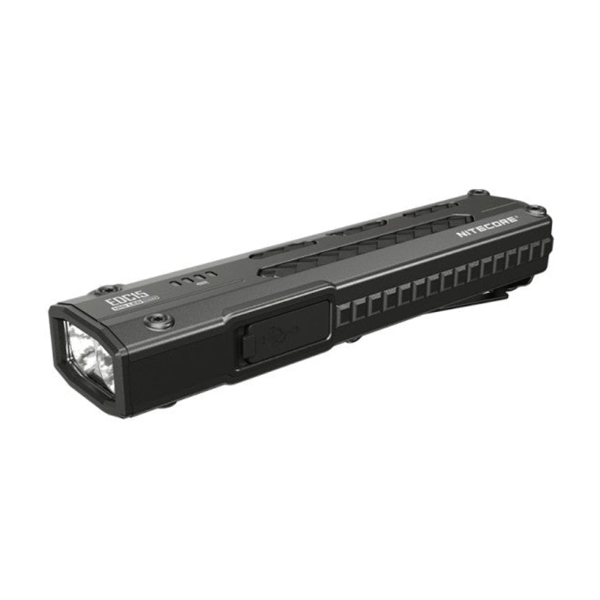 The Nitecore EDC15 emitting ultraviolet light from its secondary UV emitter for leak and document checks