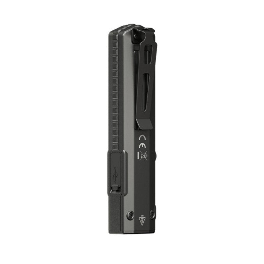 Close-up of the Nitecore EDC15's USB Type-C charging port and lanyard attachment point and sealed port cover